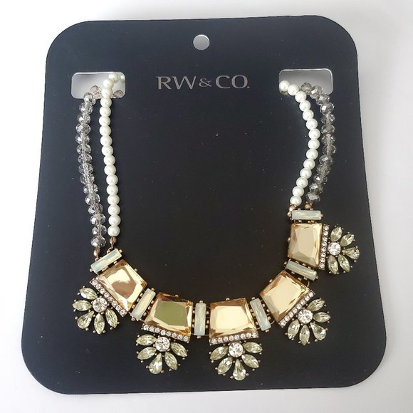 RW & CO. Bejewelled Rhinestones & Beaded Necklace w/ Square Champagne Stones - Picture 1 of 5